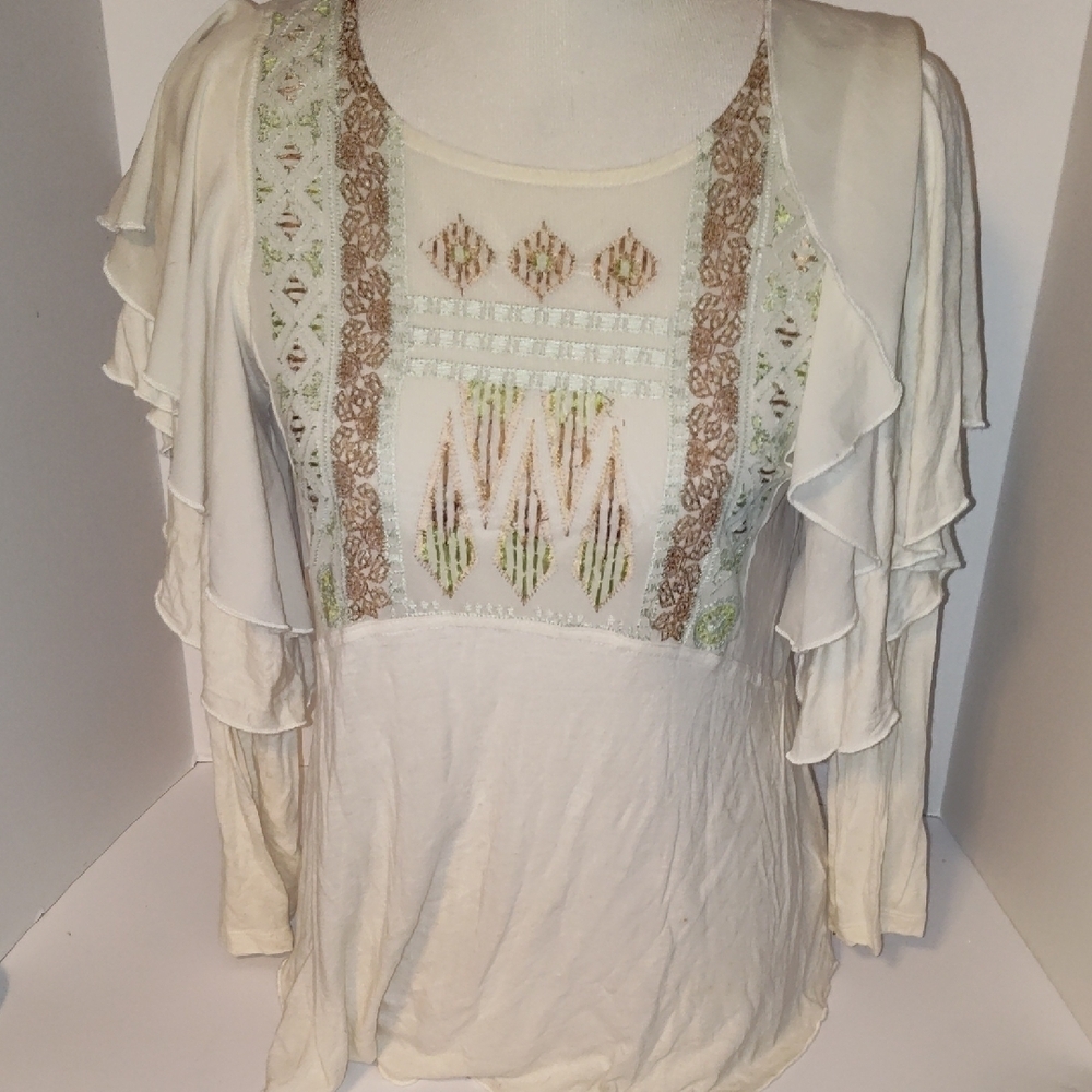 Free People La Cienga Embroidered Tiered Ruffle Blouse Almond Sz Small No tags